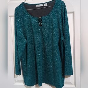 Sag Harbor Top L Women  Sequin Stretch Knit Keyhole 3/4 Sleeve Scoop Neck